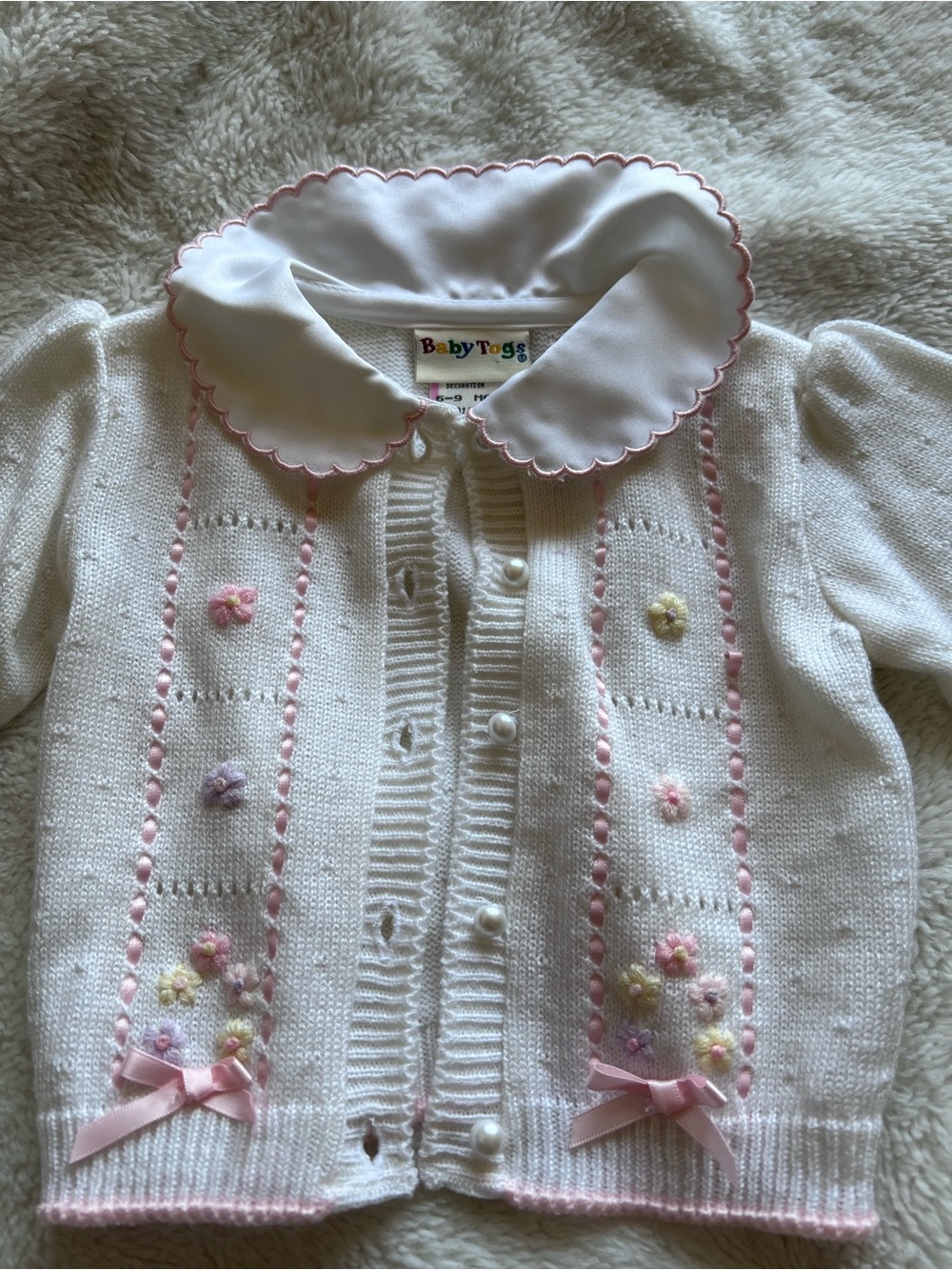 Vintage Baby Toggs Knit Embroidered Cardigan Sweater Scalloped Collar